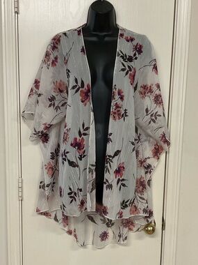 emory park White Floral Sheer Kimono with Pink & Burgundy Flowers